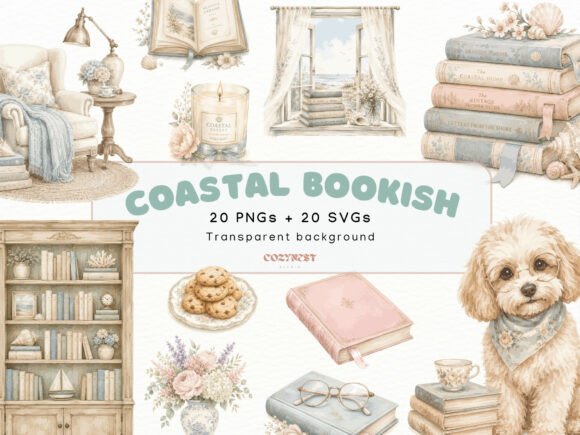 Download Coastal Bookish Watercolor Cliparts PNG - Premium Resources